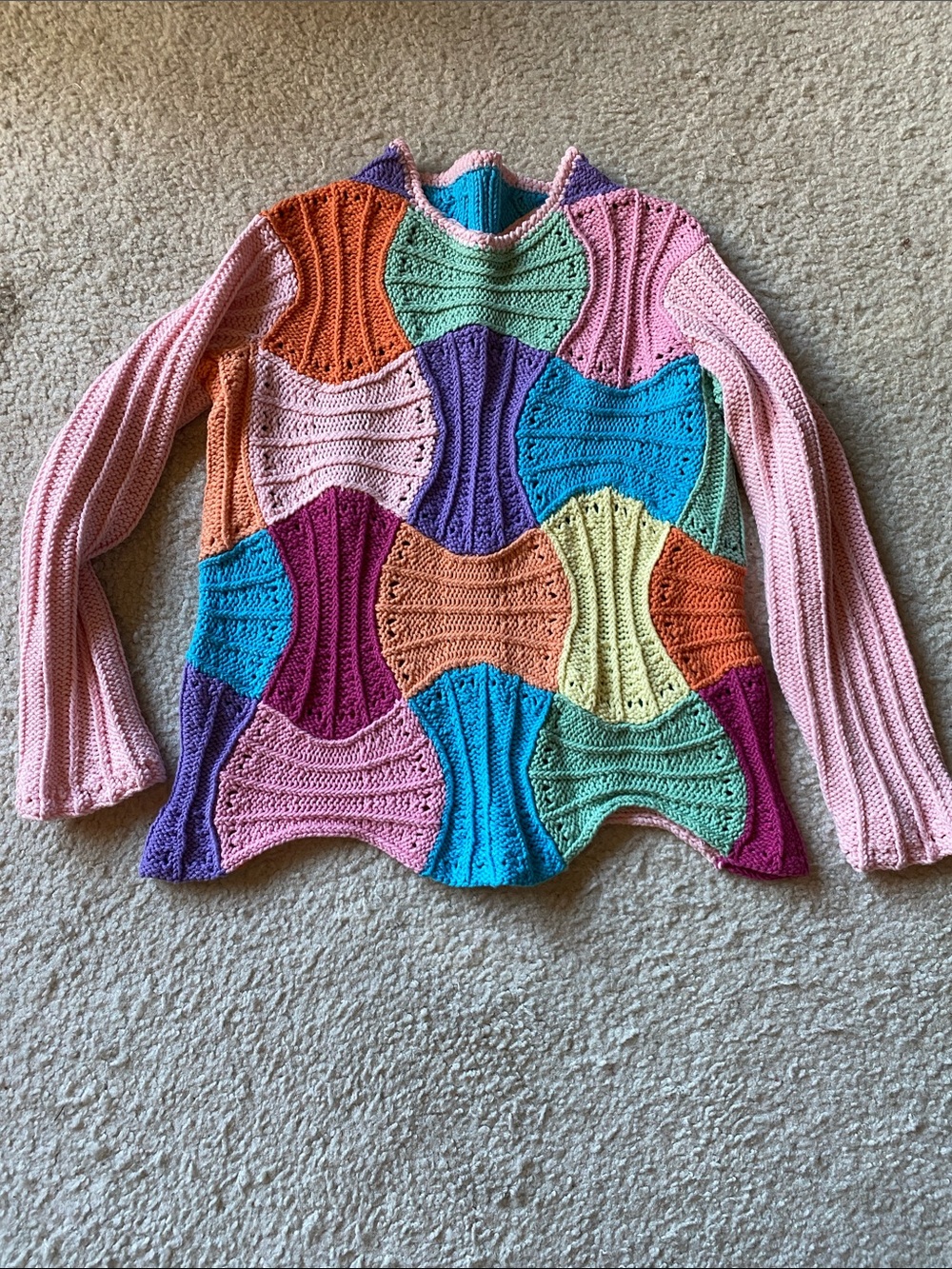 Hand knit sweater in candy colored cotton, medium weight yarn, size S